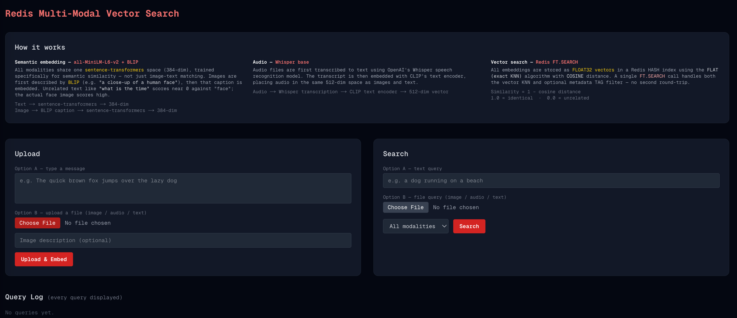 A Setup demonstrating vector search across text, image, and audio using Redis as the vector database